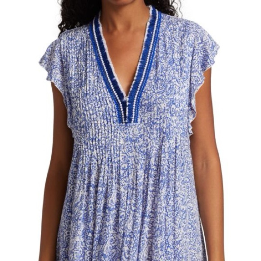 Poupette St. Barth V Neck Short Sleeve Tunic Top Blue & White Fringe Size Medium